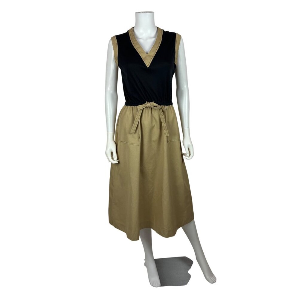 Vintage 70s Day Dress Womens M Mixed Media Black Beige Canvas Skirt V Neck